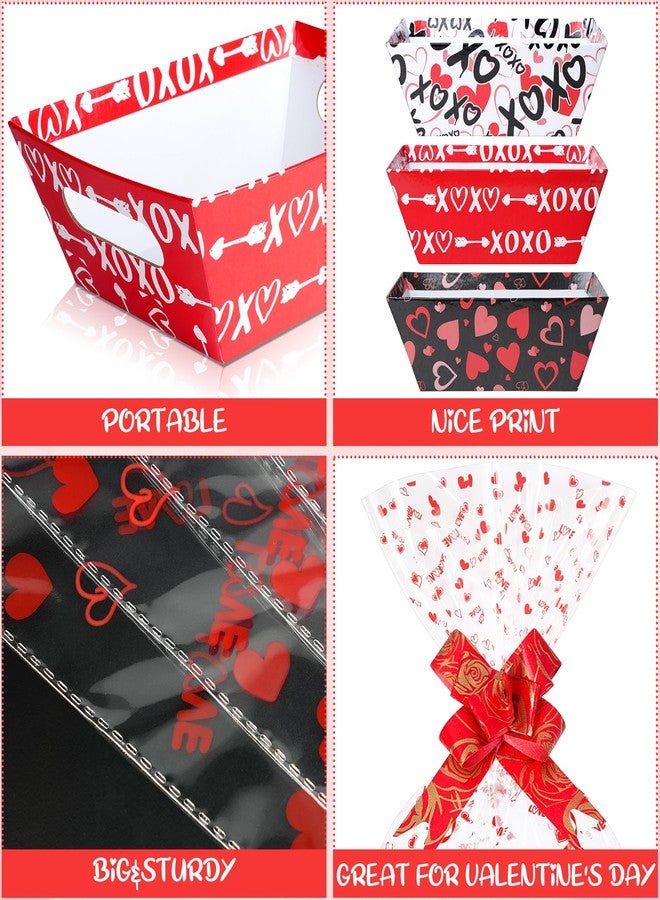 Hallswl 12 Set Valentines Day Gifts Baskets Bulk with Cellophane Basket Bags and Ribbons, Red White Empty Love Heart Cardboard Gift Basket for Wedding Birthday Valentine's Day Party Decorations - Image 3
